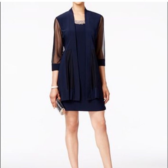 R&M Richards 16 blue Dress with jacket Sheer Sleeves - Picture 1 of 8